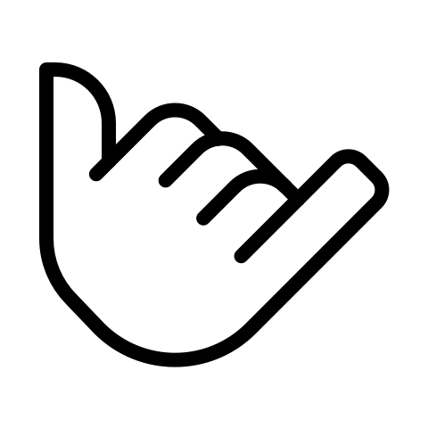 Symbol einer Hand, die eine "Ruf mich an"-Geste macht, mit ausgestrecktem Daumen und kleinem Finger, ähnlich einem Telefon.